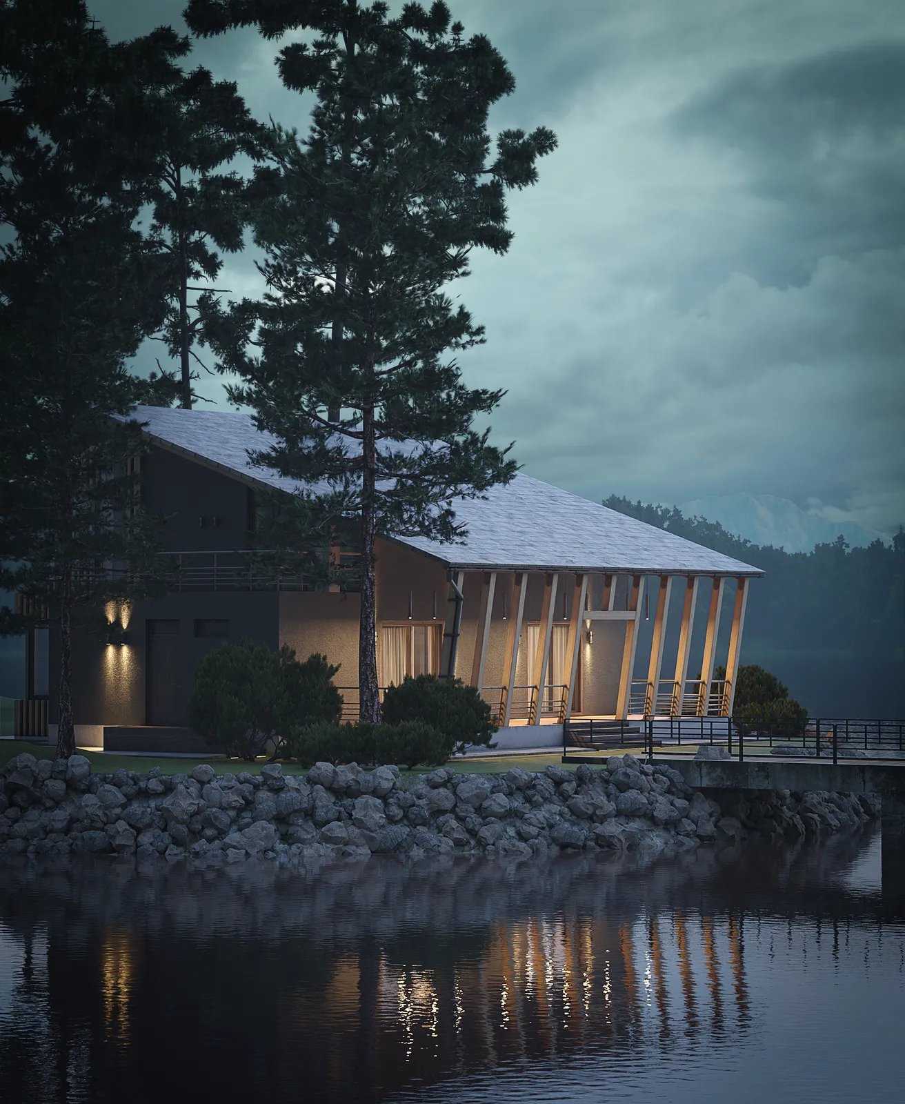 Дом на озере, вечерний экстерьер